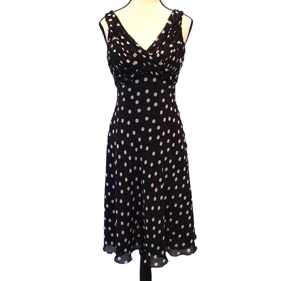 Adrianna Papell 100% Silk Dress Size 6 Black Polka Dot Sleeveless Chiffon Midi - Picture 16 of 16